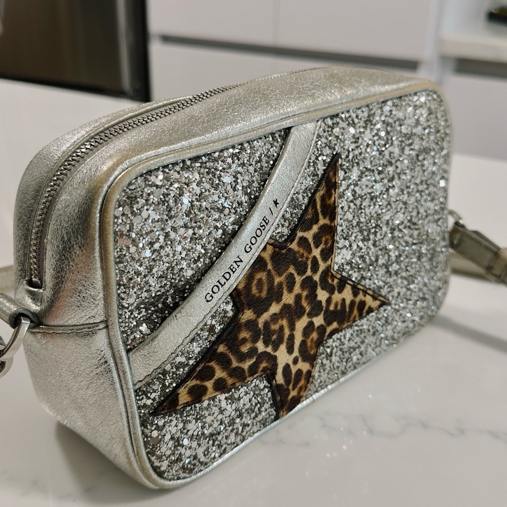 Golden Goose Silver Glitter Crossbody Bag with Leopard Star